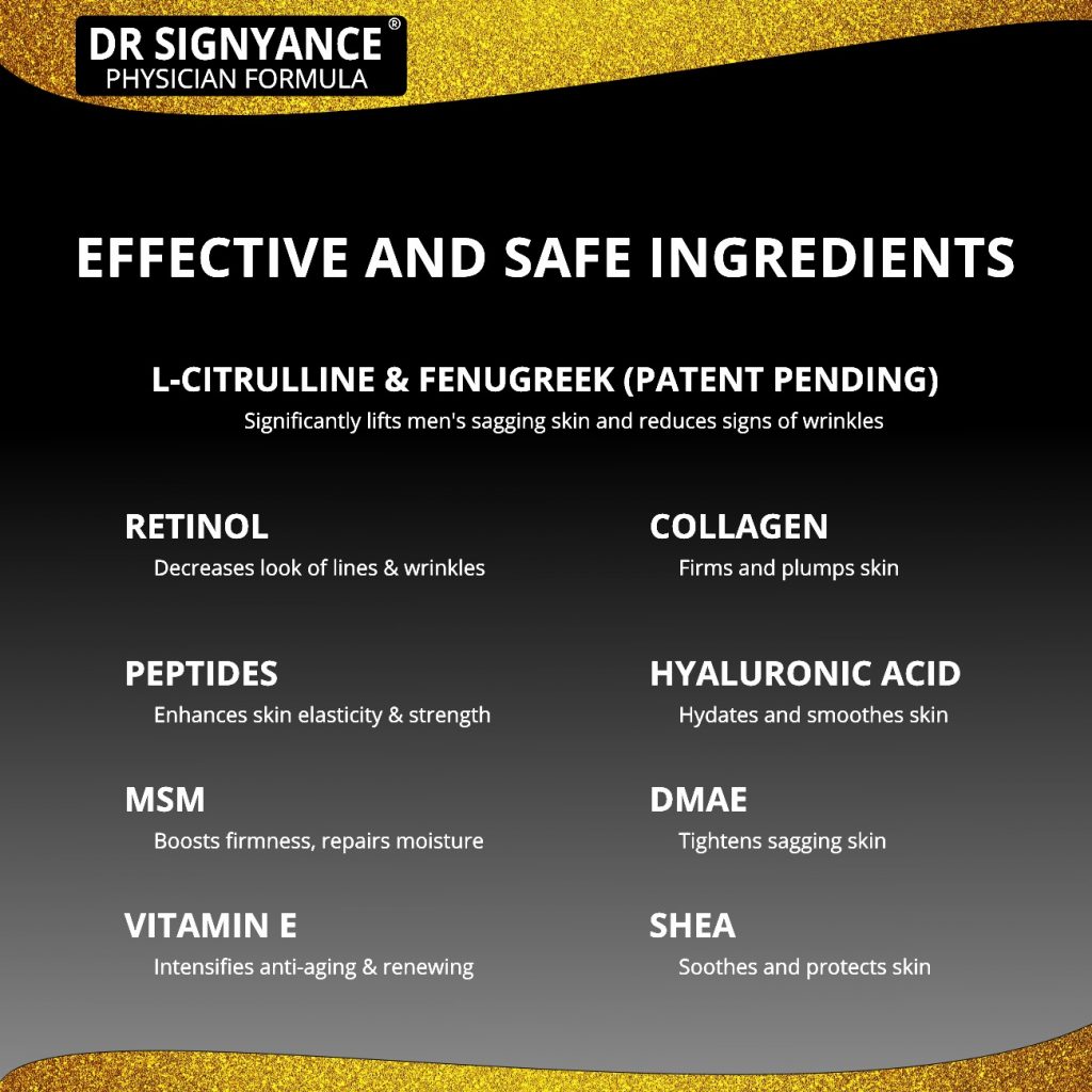 Dr Signyance's effective and safe ingredients: L-citrulline & fenugreek, retinol, collagen, peptides, hyaluronic acid, MSM, DMAE, vitamin E, shea