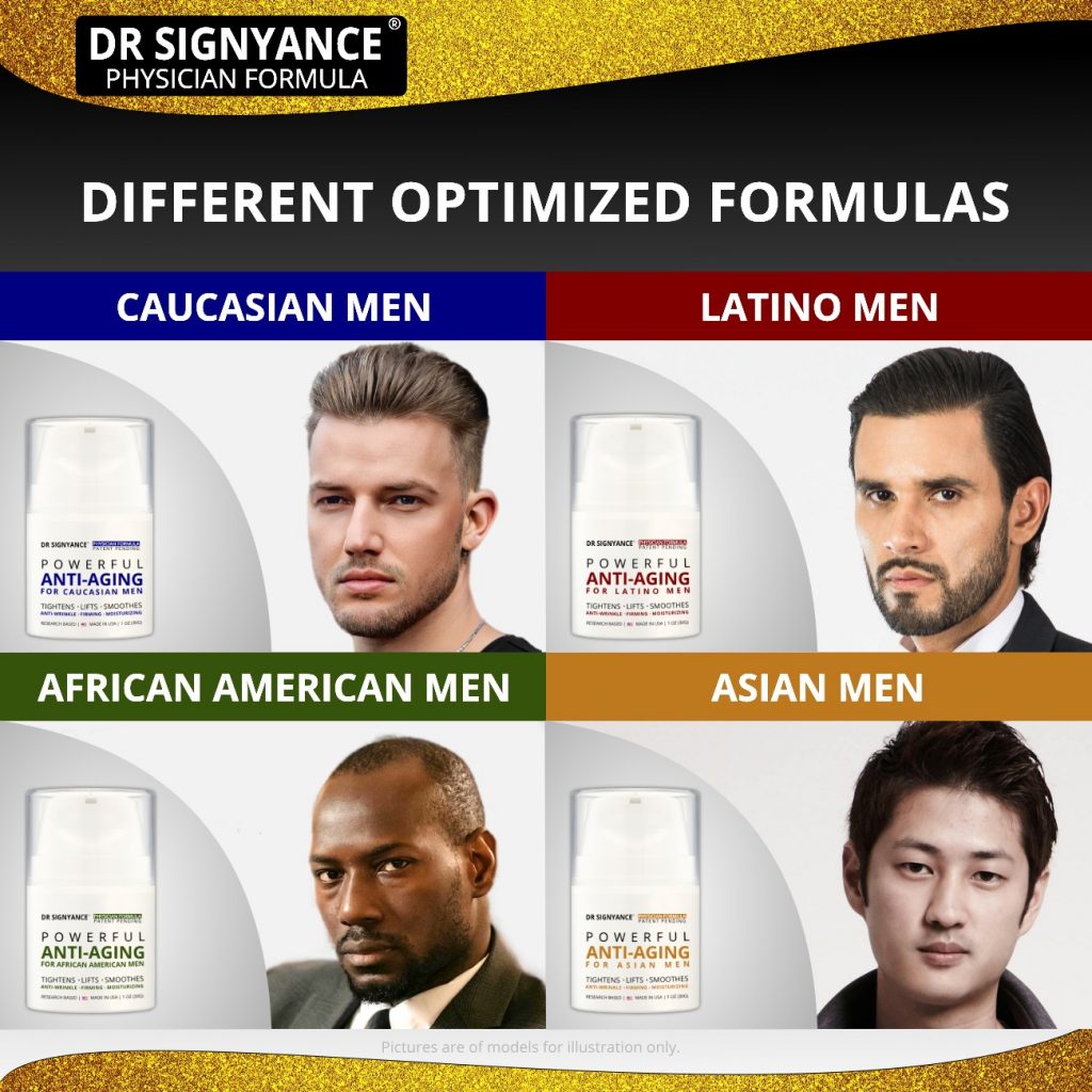 Different optimized anti aging formulas for Caucasian, Latino, African American, and Asian men.